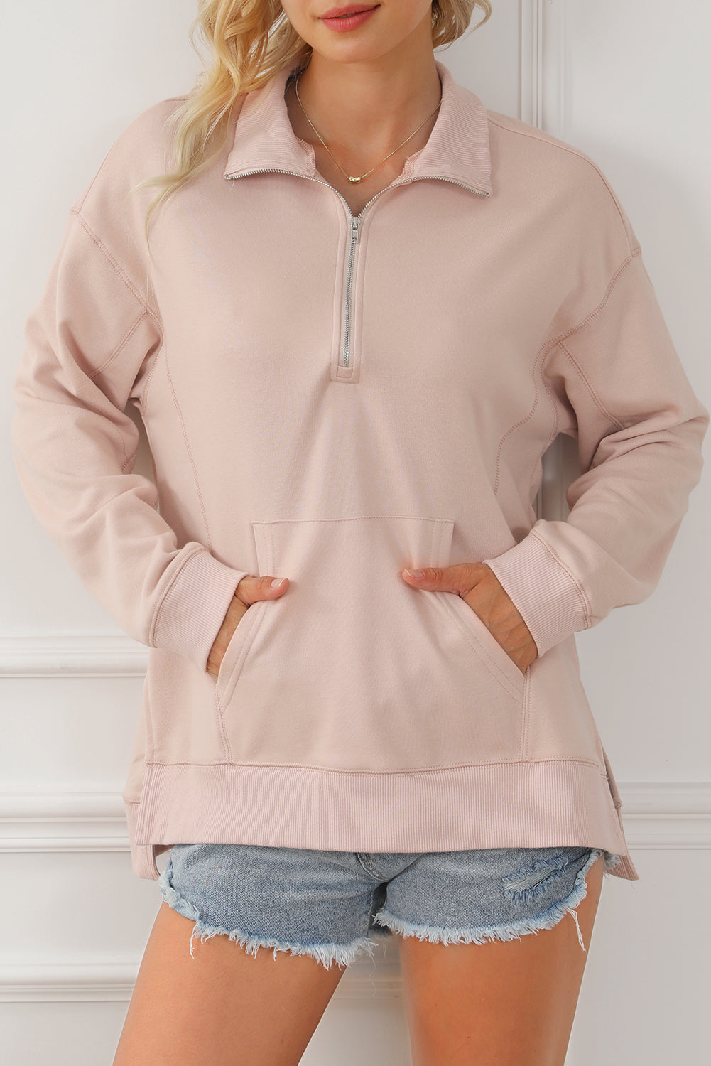 Pink Drop Shoulder Quarter Zip Sweatshirt