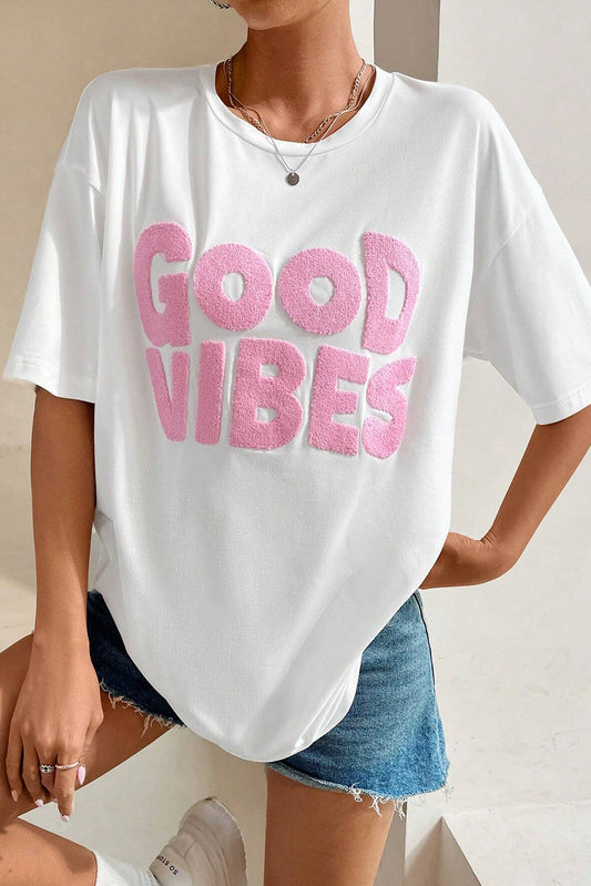 White GOOD VIBES Crewneck T Shirt