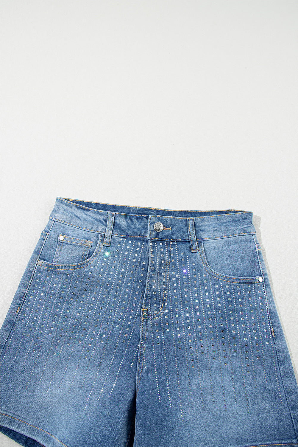 Blue Rhinestone Embellished Denim Shorts