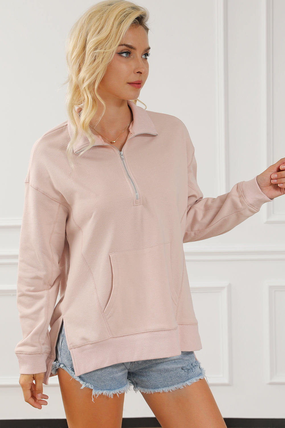 Pink Drop Shoulder Quarter Zip Sweatshirt