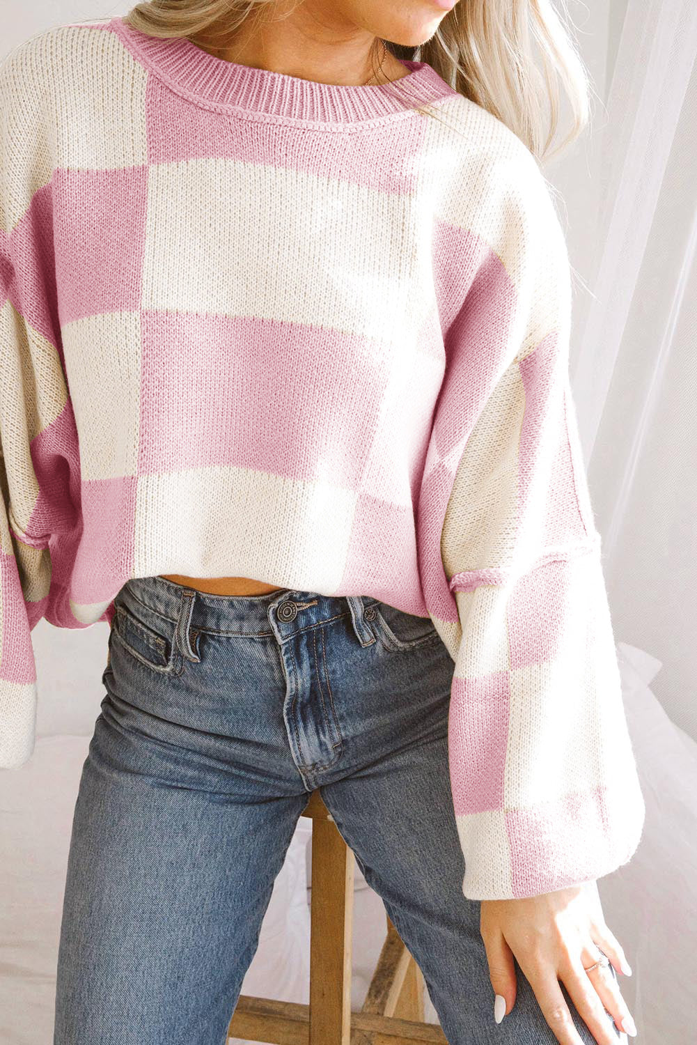 Pink Checkered Sleeve Sweater