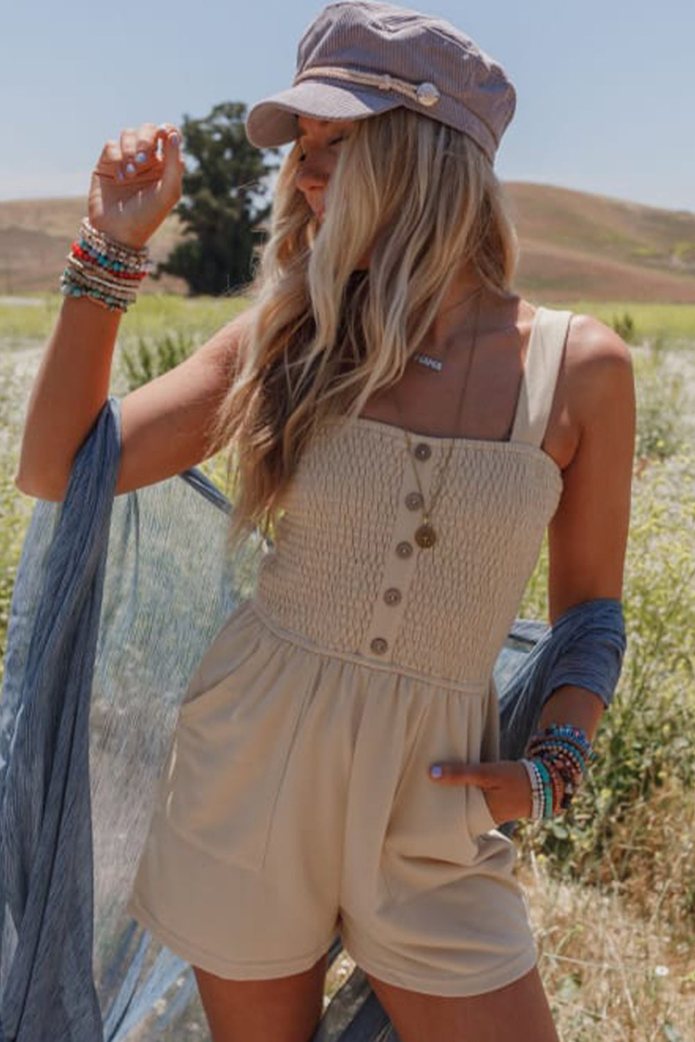 Beige Buttoned Smocked Sleeveless Romper