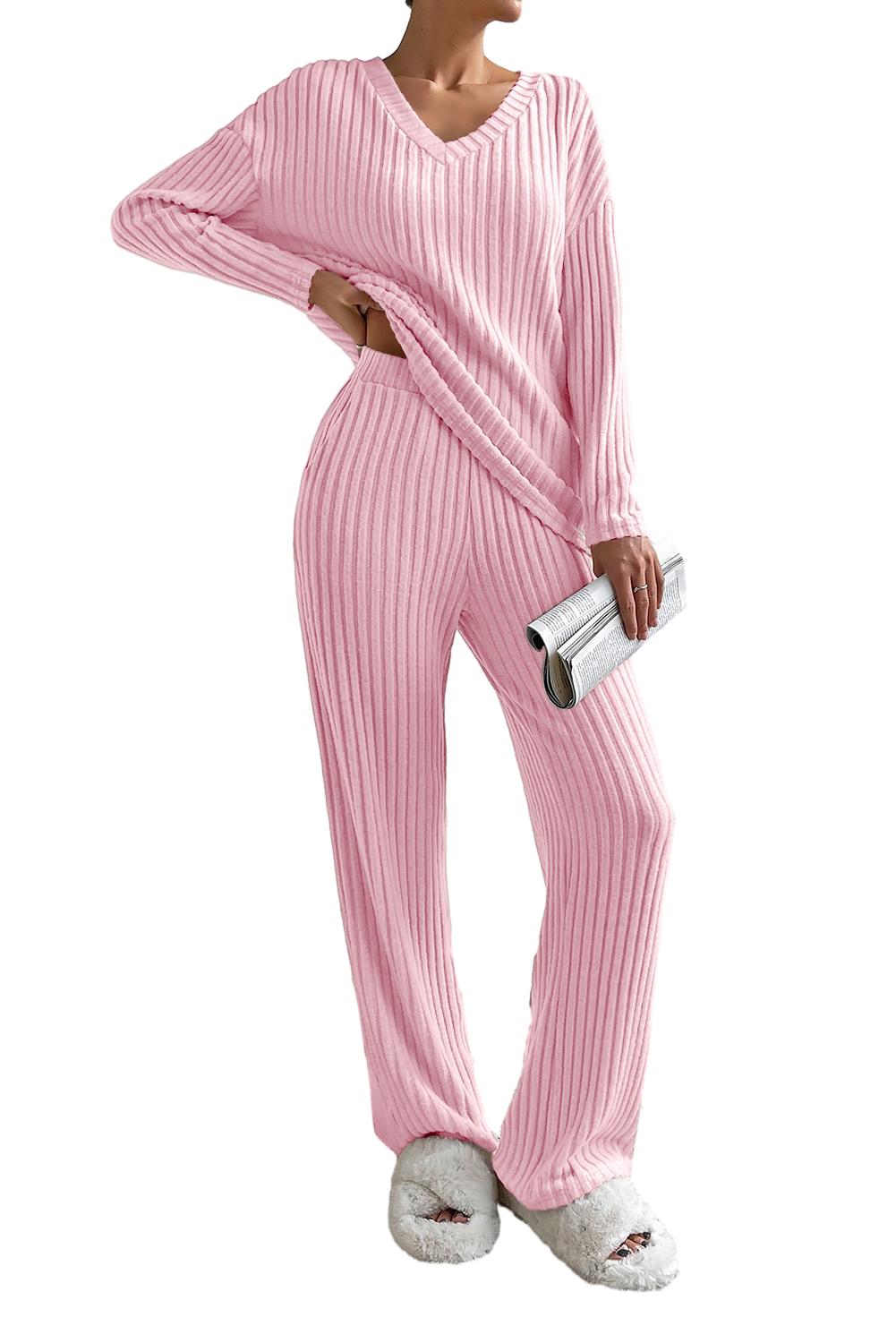 Light Pink Ribbed V Neck Two-piece Outfit