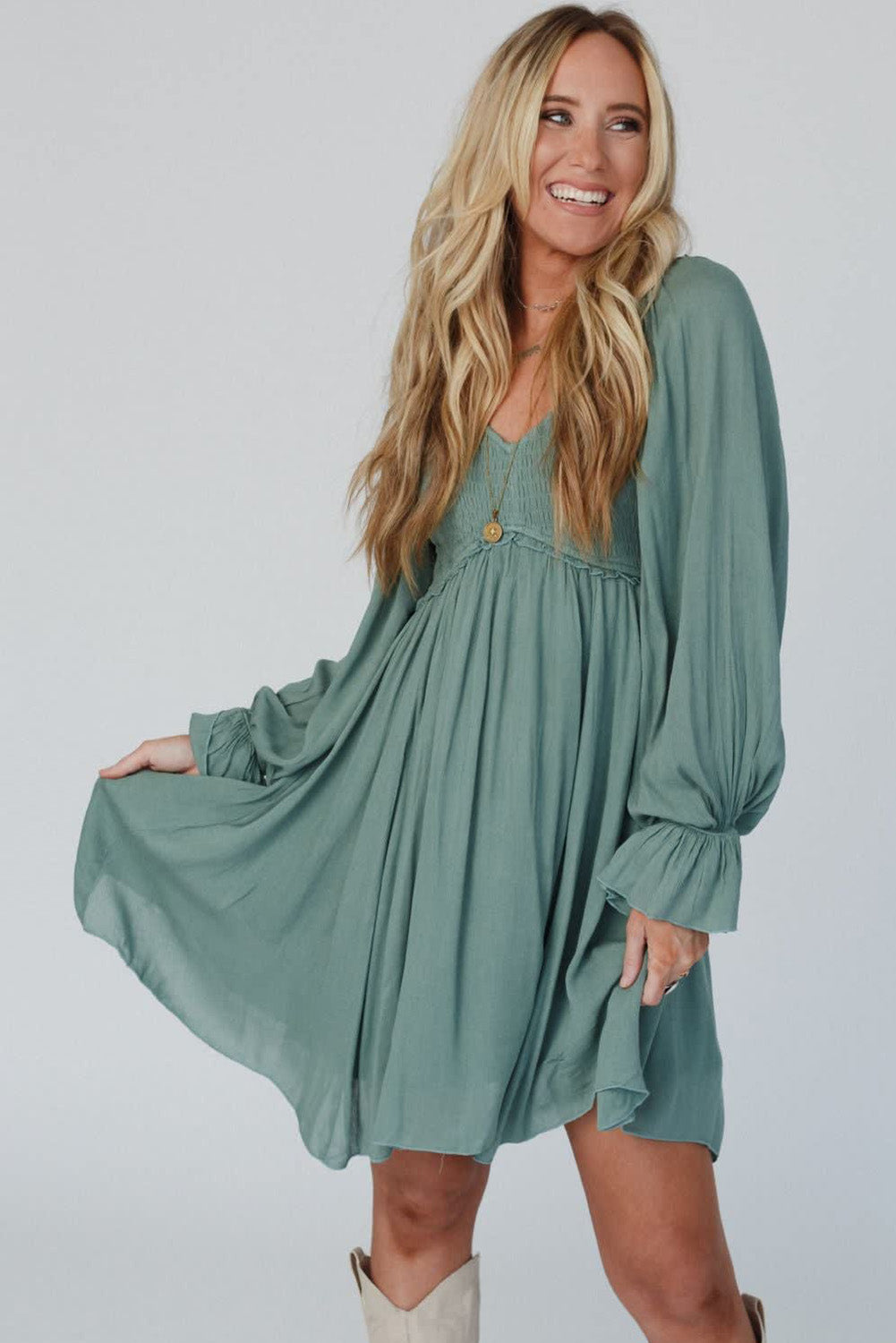 Green Smocked Ruffled Bubble Sleeve Short Dress