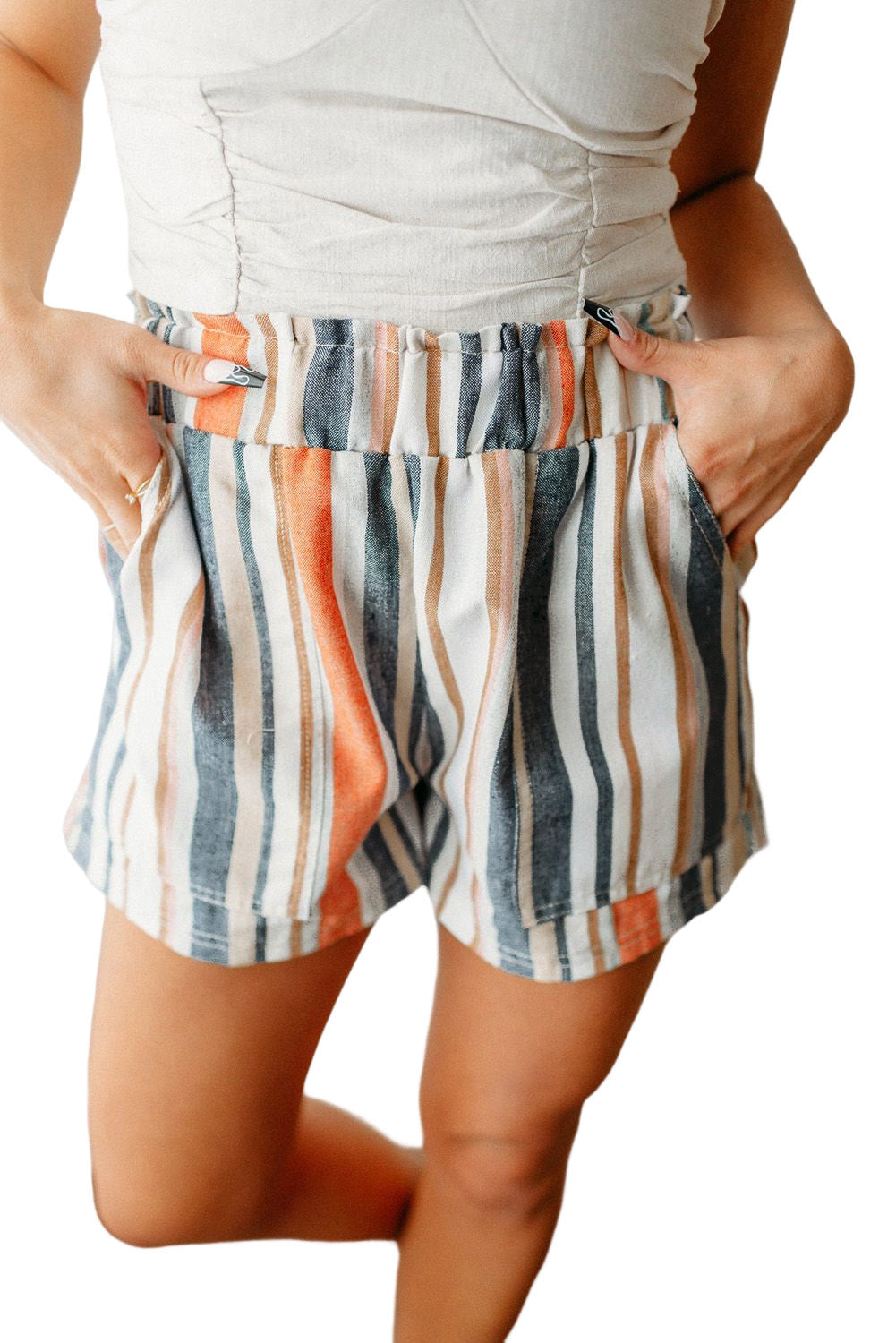 Stripe Washed Elastic Frill Waist Casual Shorts