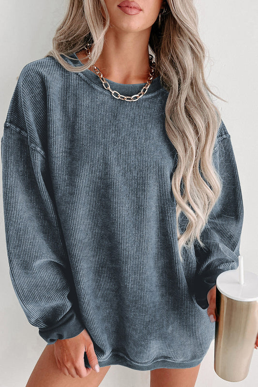 Blue Ribbed Knit Pullover Sweatshirt