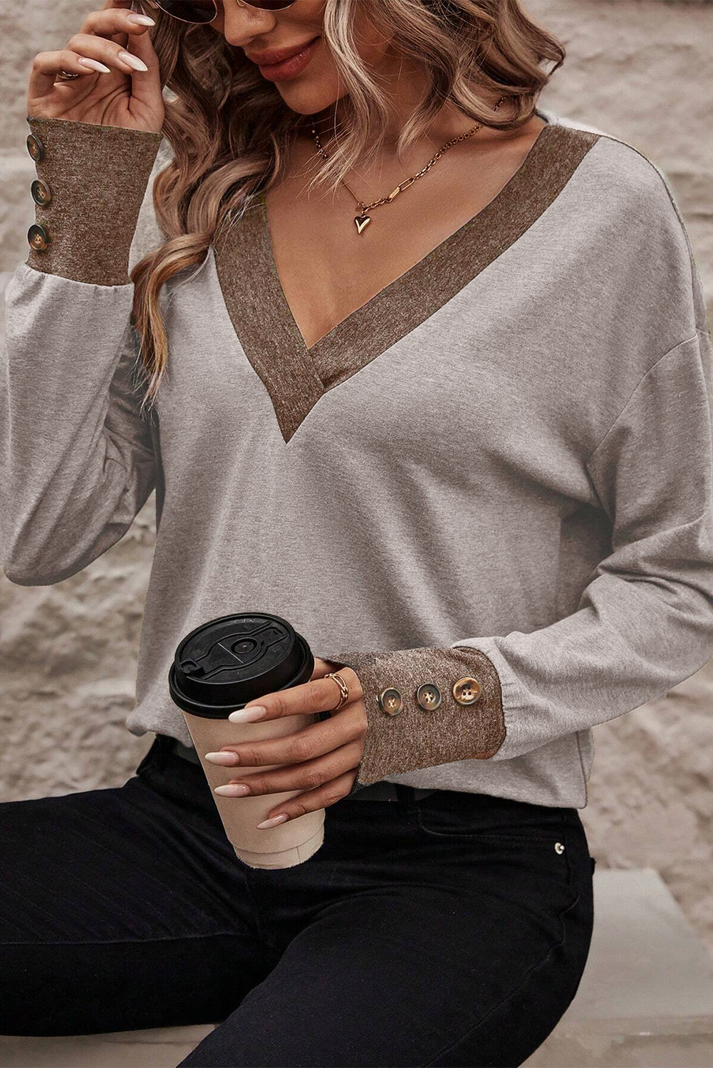 Khaki V-Neck Long Sleeve Top