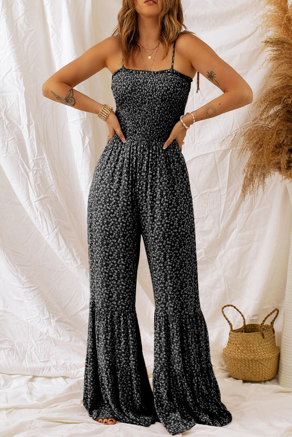 Black Thin Straps Wide Leg Floral Jumpsuit