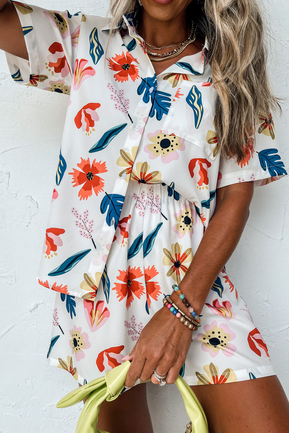 White Floral Short Sleeve Shirt and Shorts Set