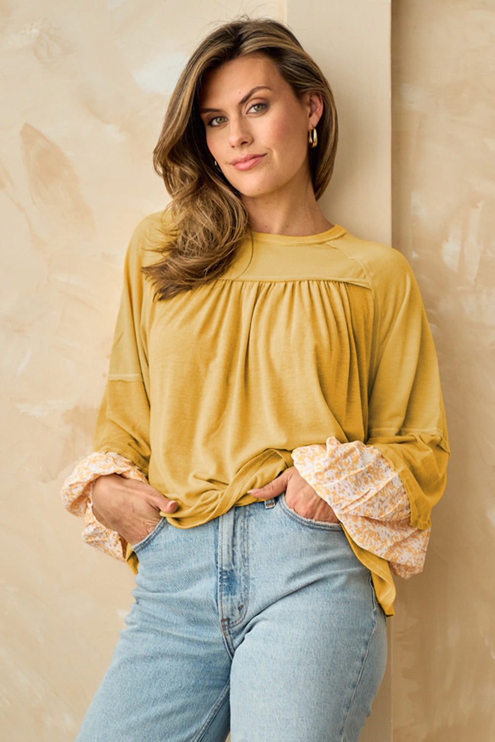 Loose Yellow Beige Floral Blouse