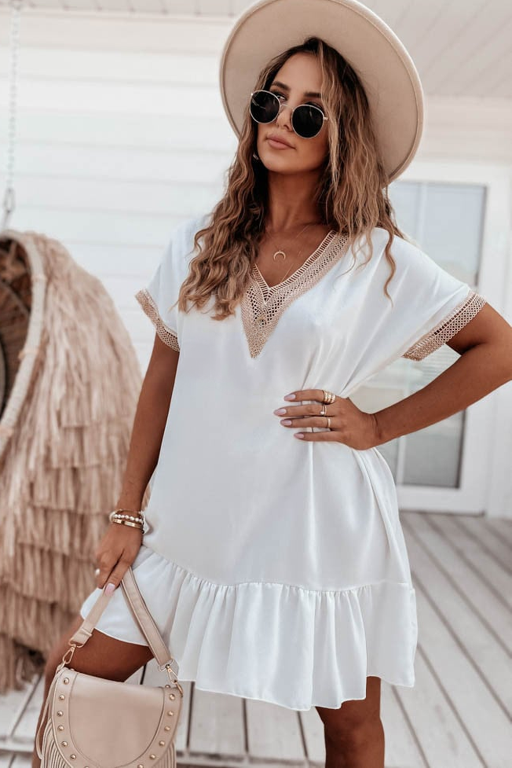 White Lace Trim Short Sleeve Ruffled Mini Dress