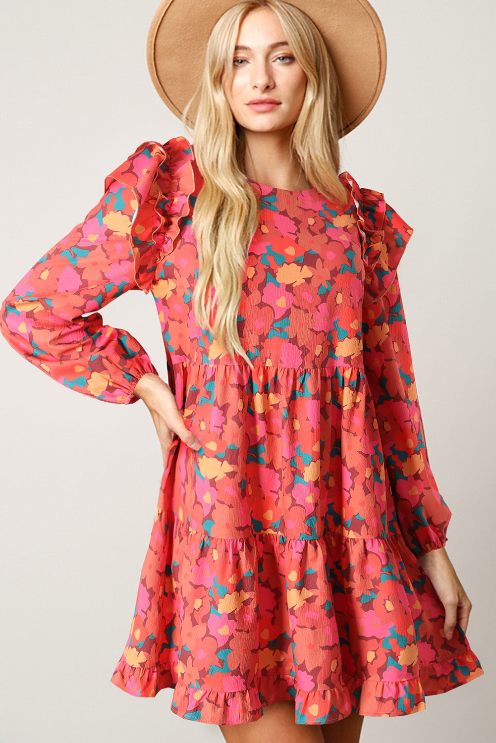 Rose Ruffle Long Sleeve Floral Dress