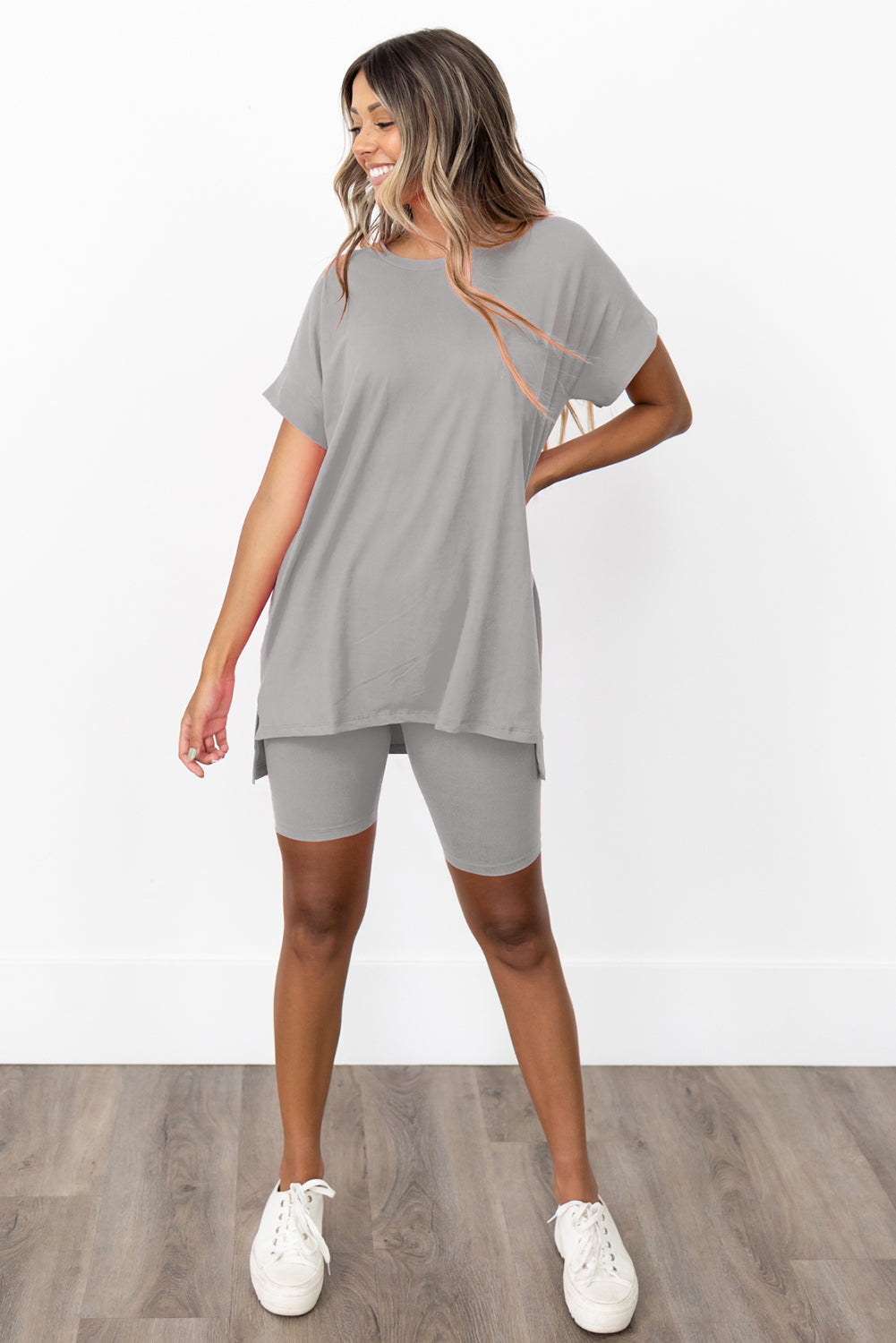 Gray Solid Split Hem Tee and Shorts Set