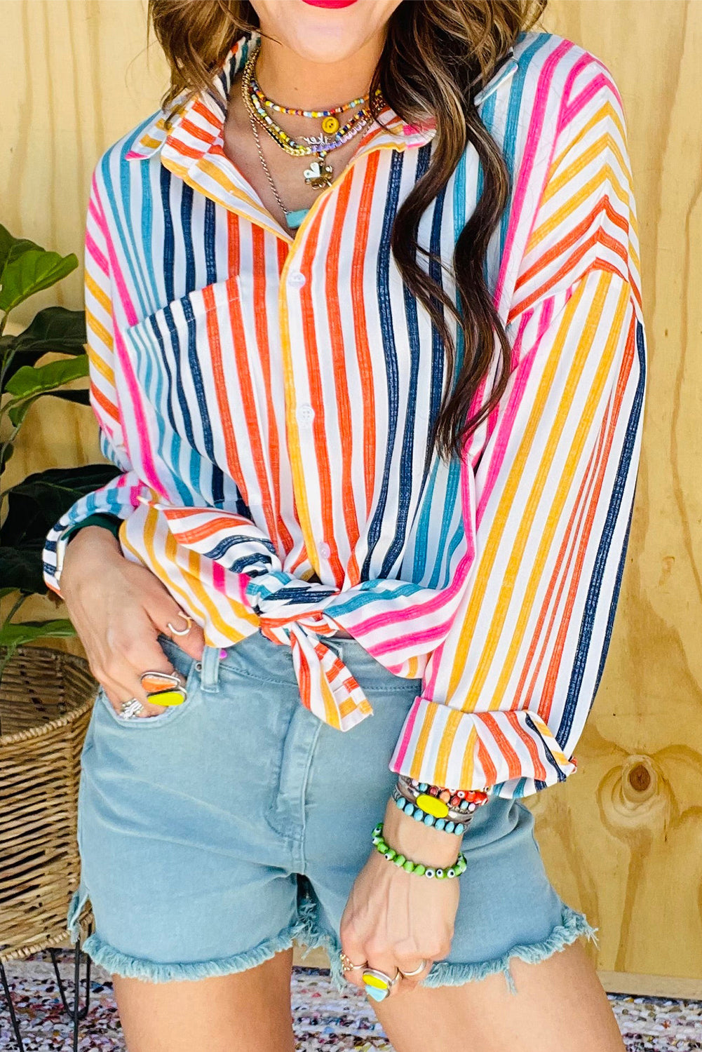 Rainbow Striped Drop Shoulder Loose Long Sleeve