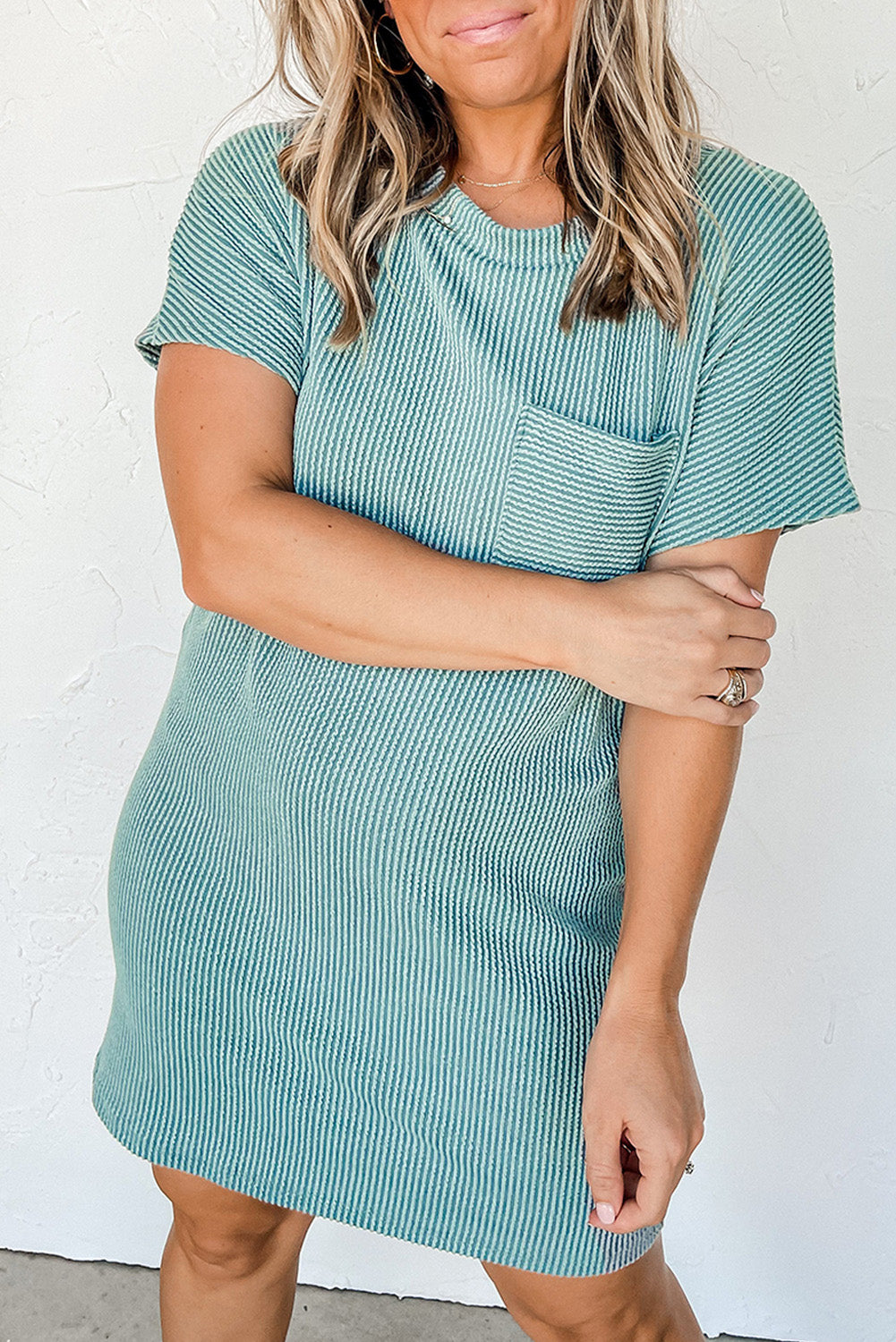 Blue Ribbed Knit T-shirt Dress