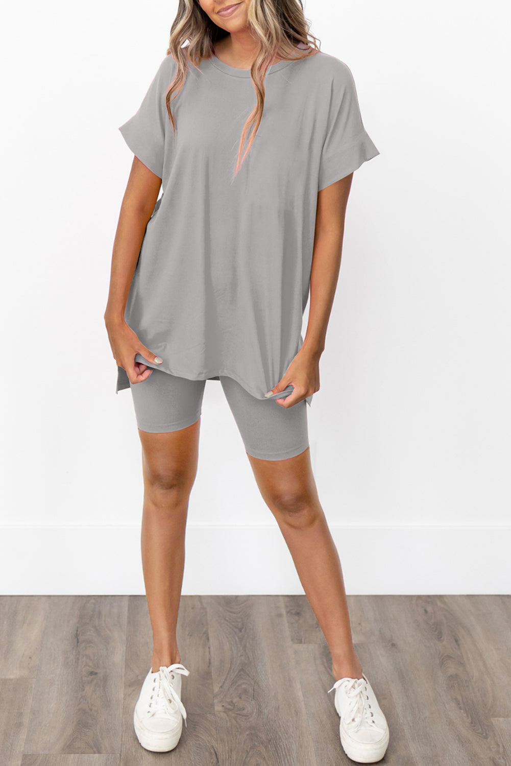 Gray Solid Split Hem Tee and Shorts Set