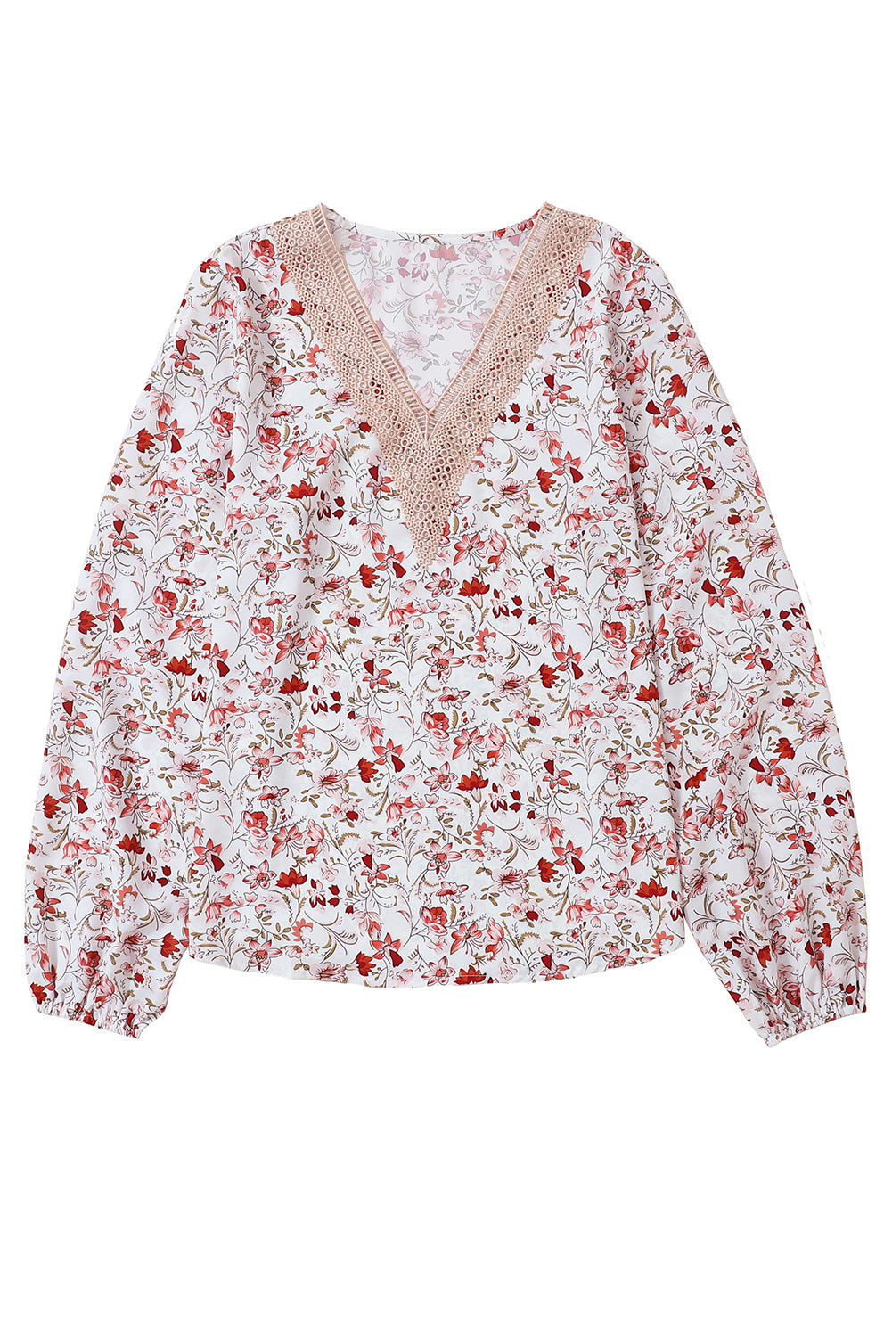 White Floral Long Sleeve Lace V-Neck Blouse