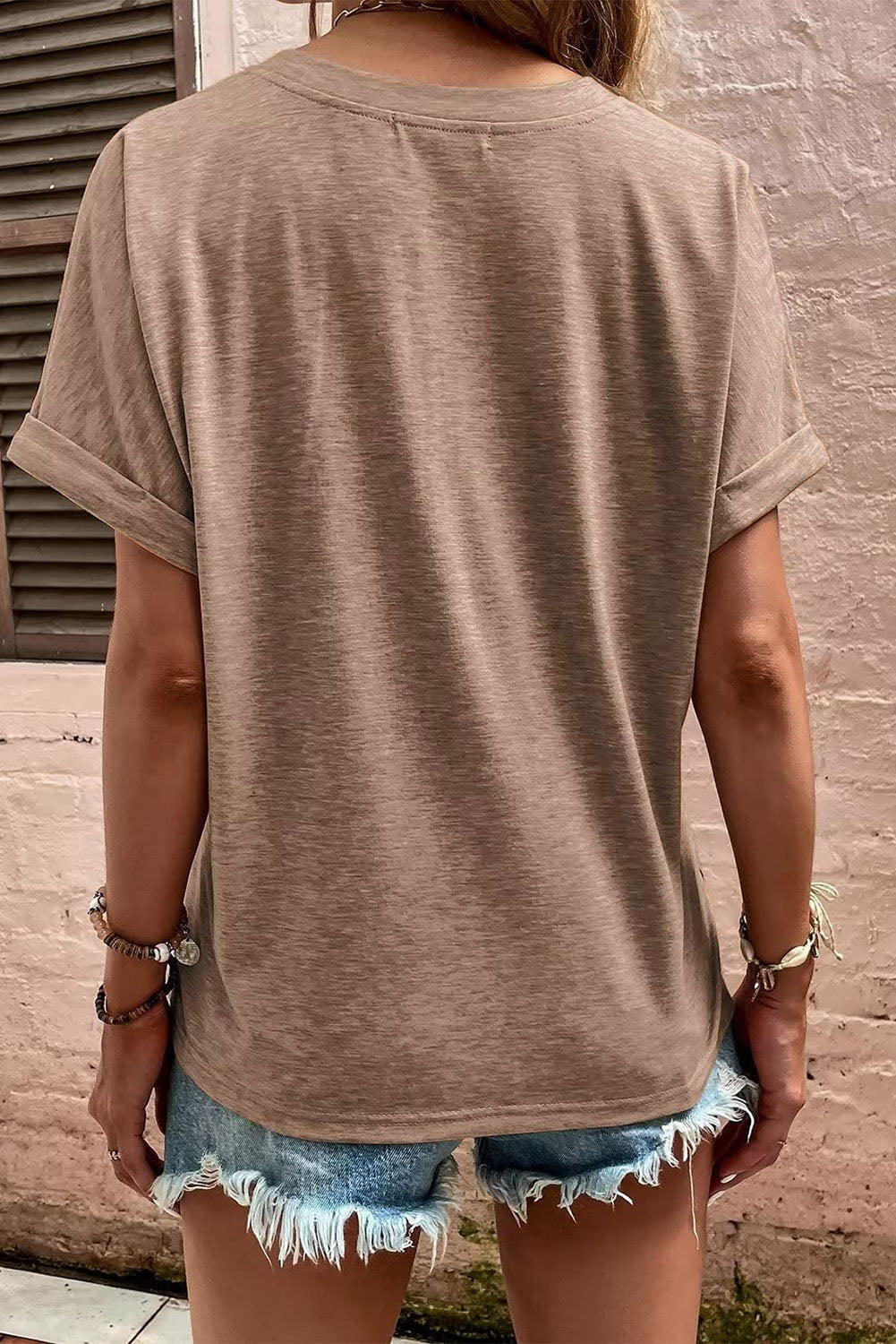 Khaki V-Neck Rolled Sleeve T Shirt