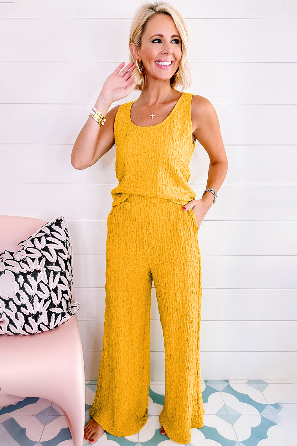 Yellow Tank Top and Wide Leg Pants Set