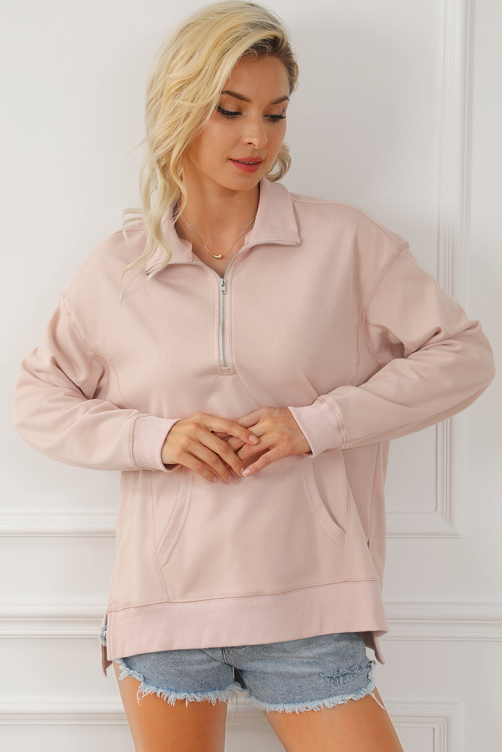 Pink Drop Shoulder Quarter Zip Sweatshirt