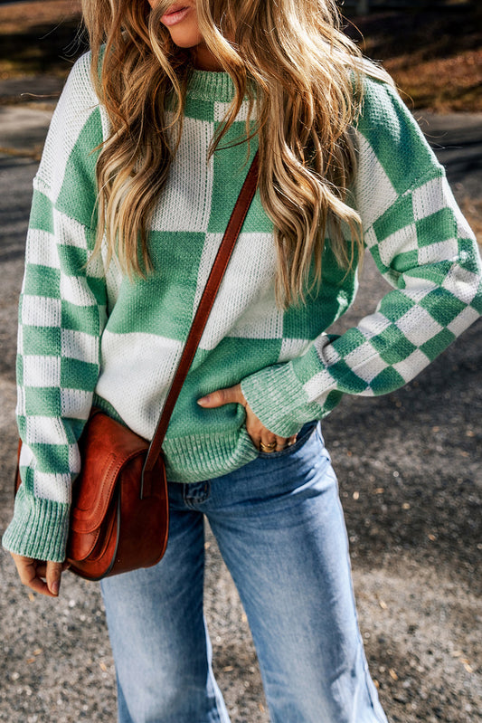 Mint Green Checkered Drop Shoulder Sweater