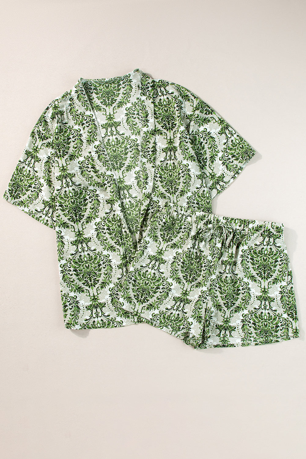 Green Vintage Floral Print Open Top and Shorts Set