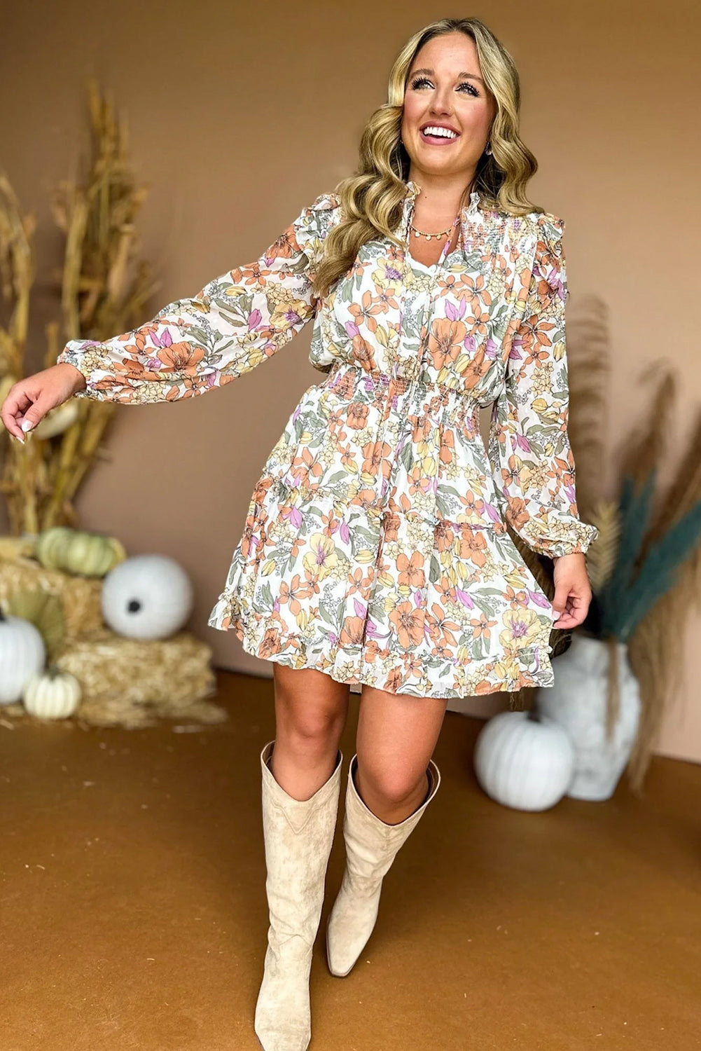 White Ruffled Floral Dress