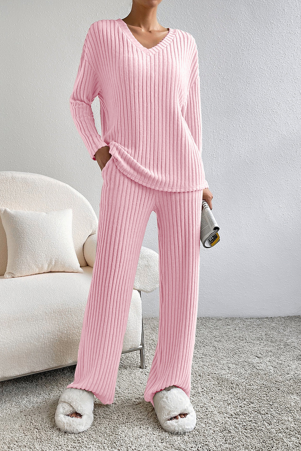 Light Pink Ribbed V Neck Two-piece Outfit