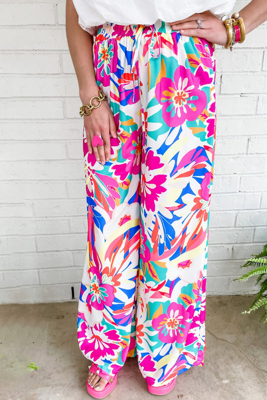 Rose Red Boho Flower Loose Wide Leg Pants