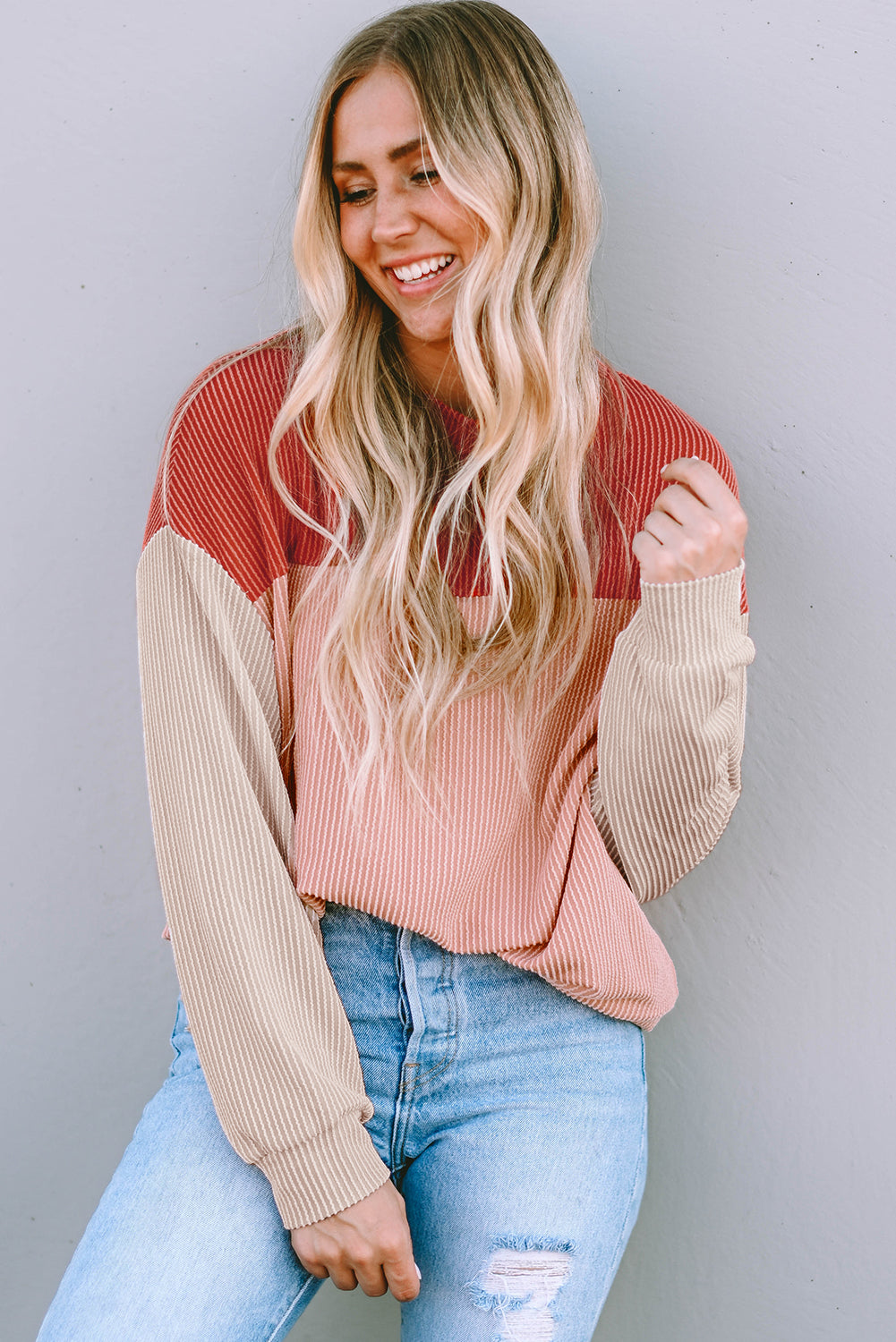 Red Long Sleeve Ribbed Loose Top