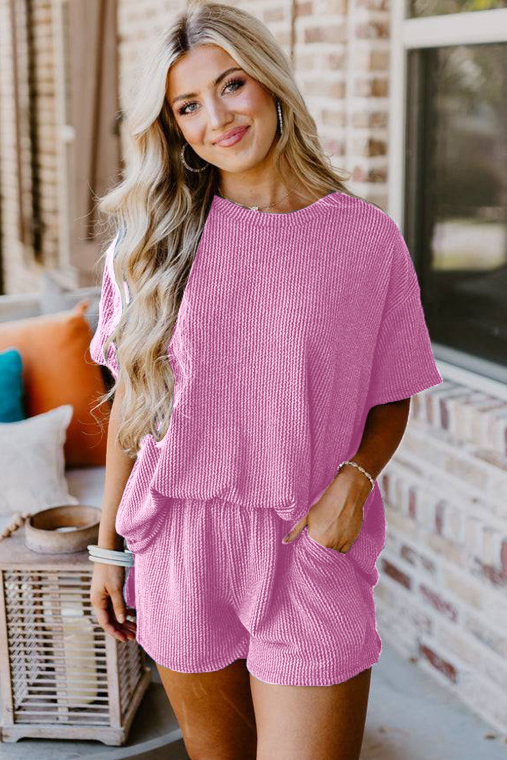 Ribbed Knit Loose Fit Tee and Shorts Set