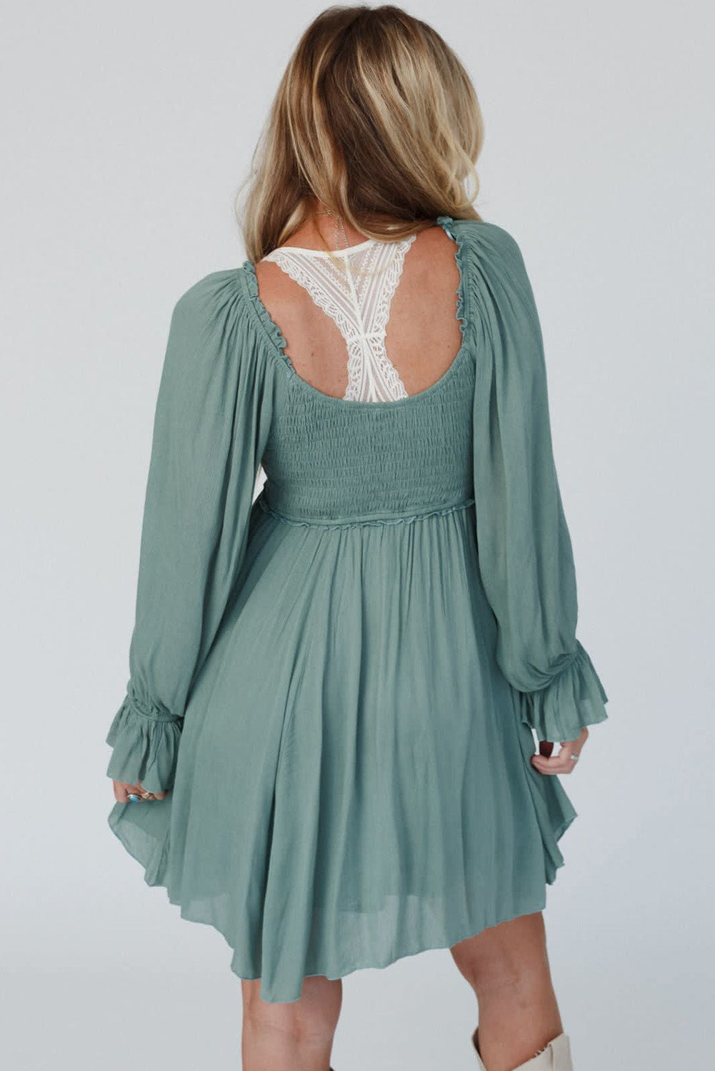 Green Smocked Ruffled Bubble Sleeve Short Dress