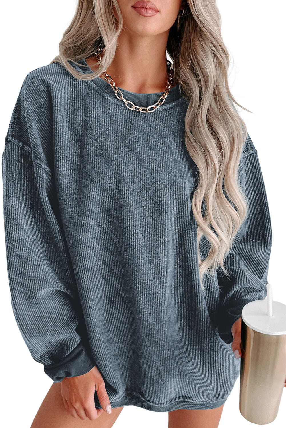 Blue Ribbed Knit Pullover Sweatshirt