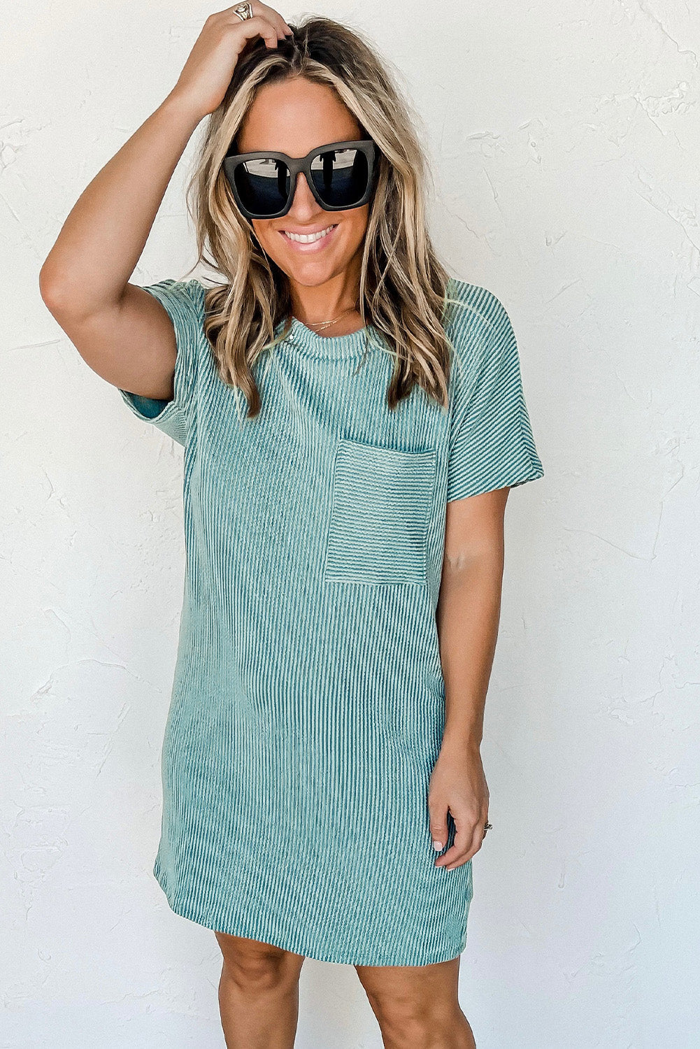 Blue Ribbed Knit T-shirt Dress