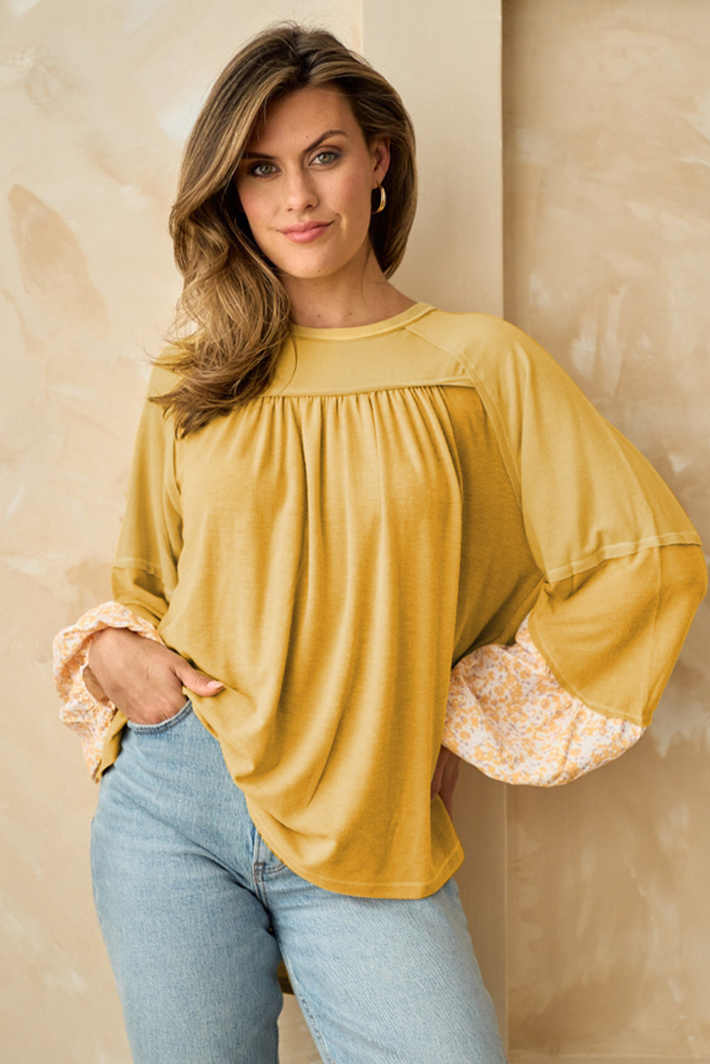 Loose Yellow Beige Floral Blouse