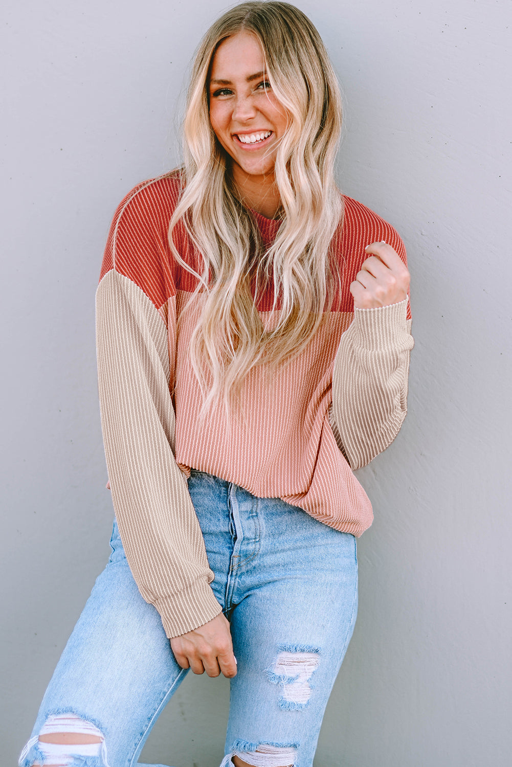 Red Long Sleeve Ribbed Loose Top