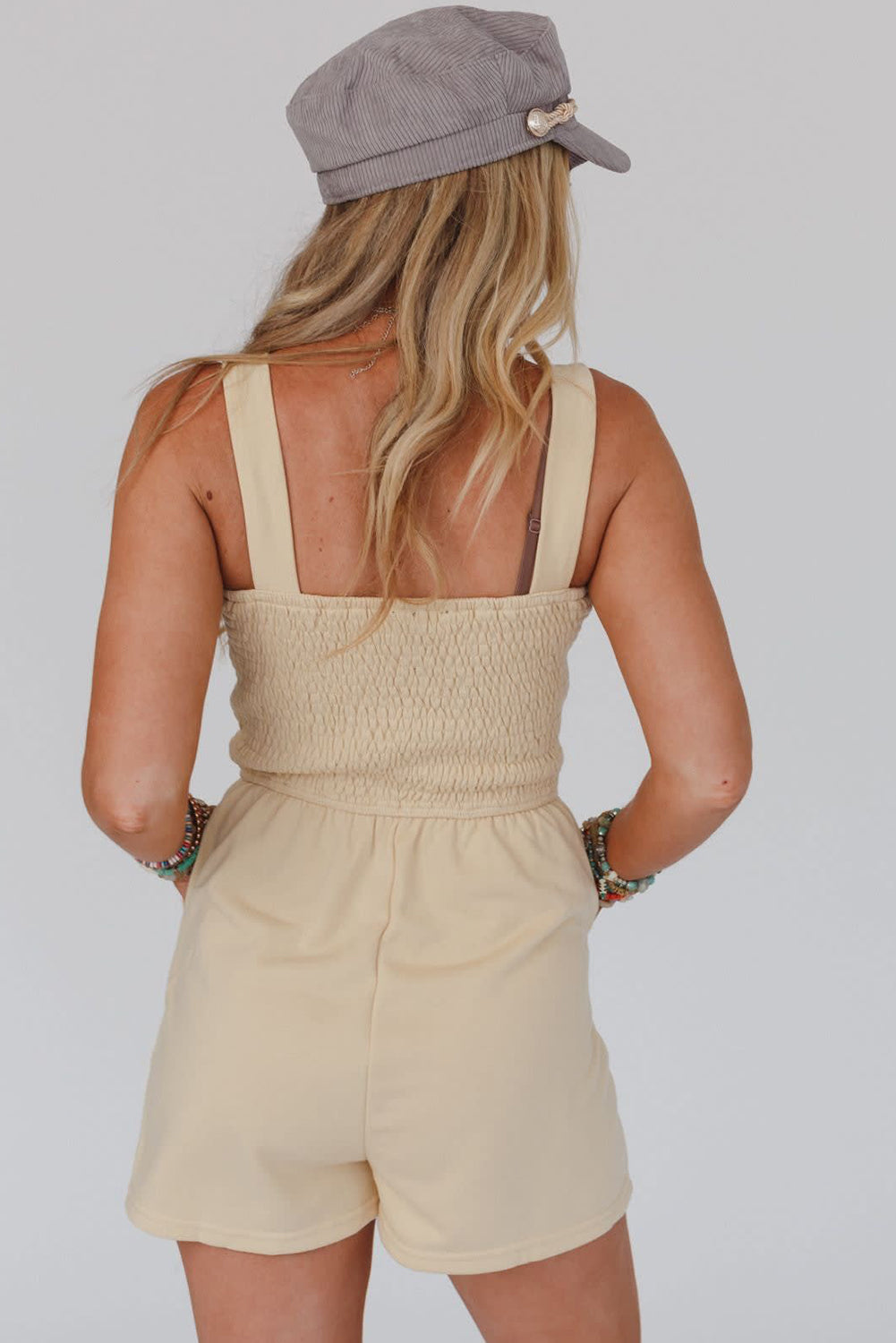 Beige Buttoned Smocked Sleeveless Romper