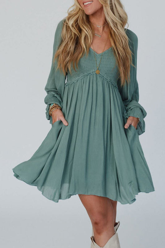 Green Smocked Ruffled Bubble Sleeve Short Dress