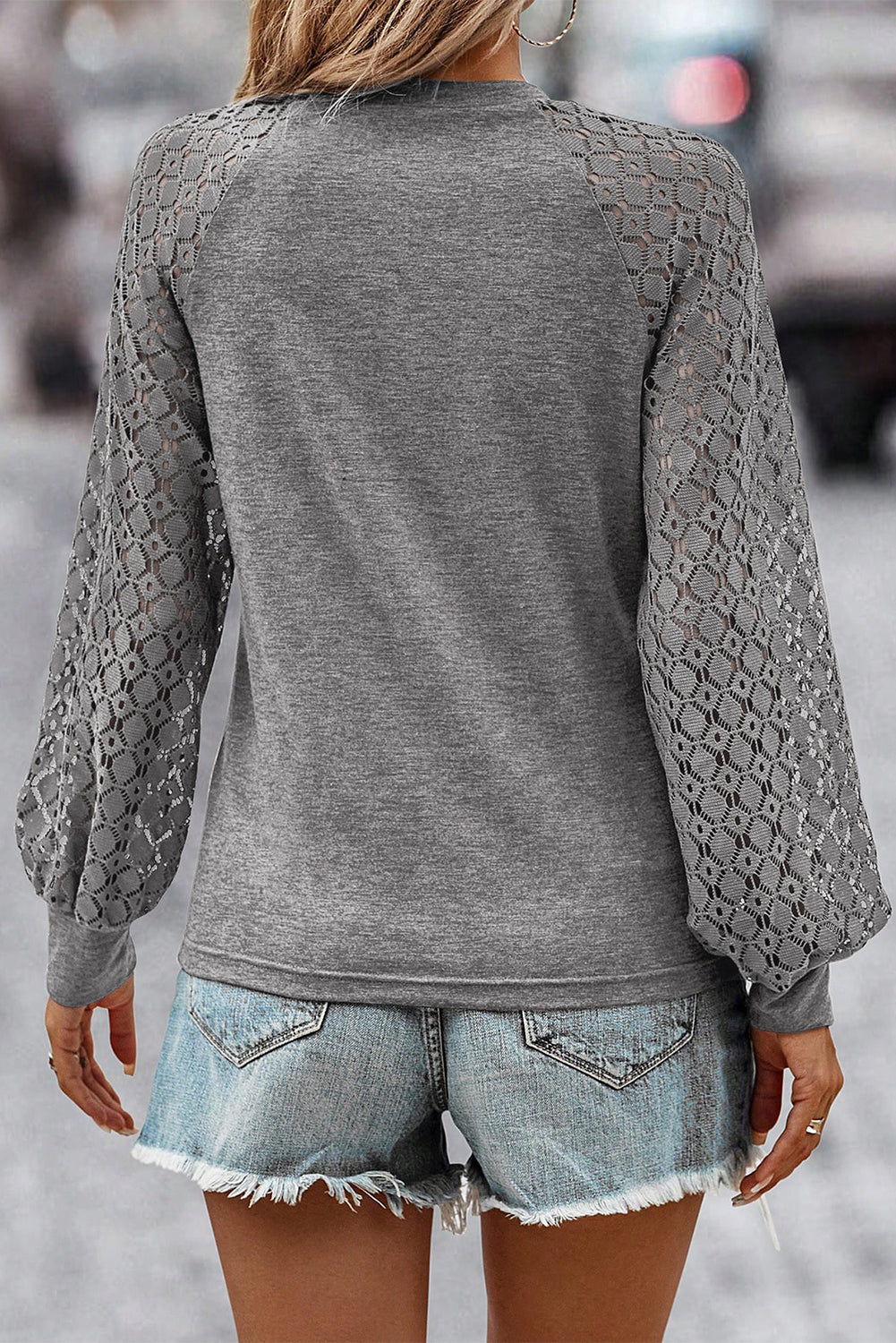 Gray Contrast Lace Knit Top