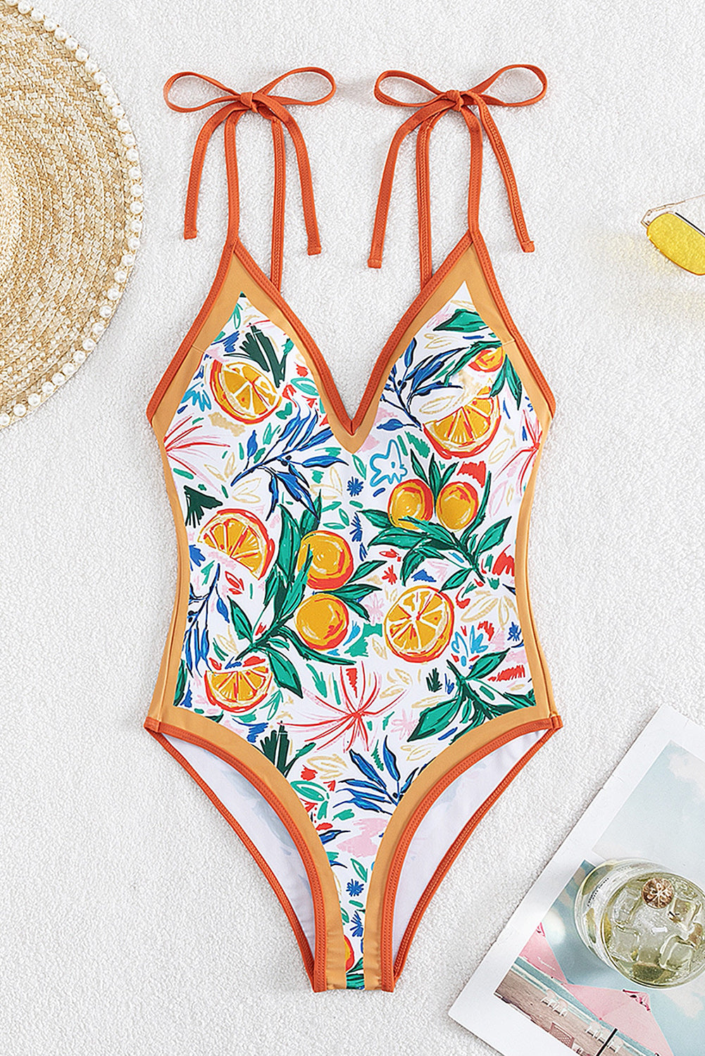 Orange Fruit Tied Strap V-Neck One Piece Swimsuit