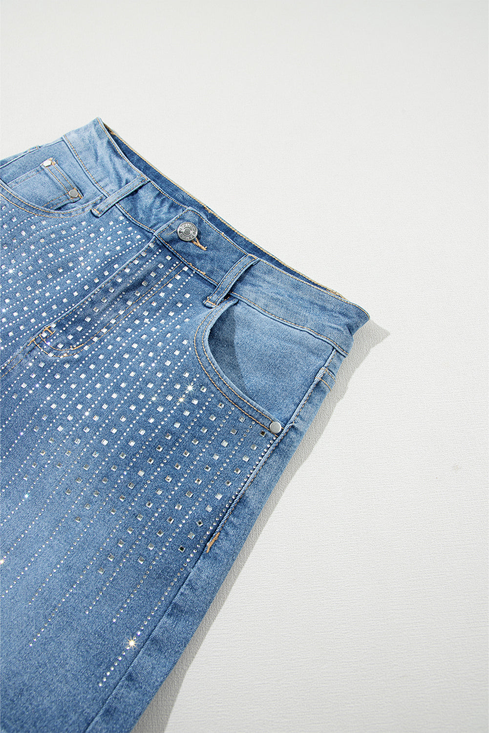 Blue Rhinestone Embellished Denim Shorts