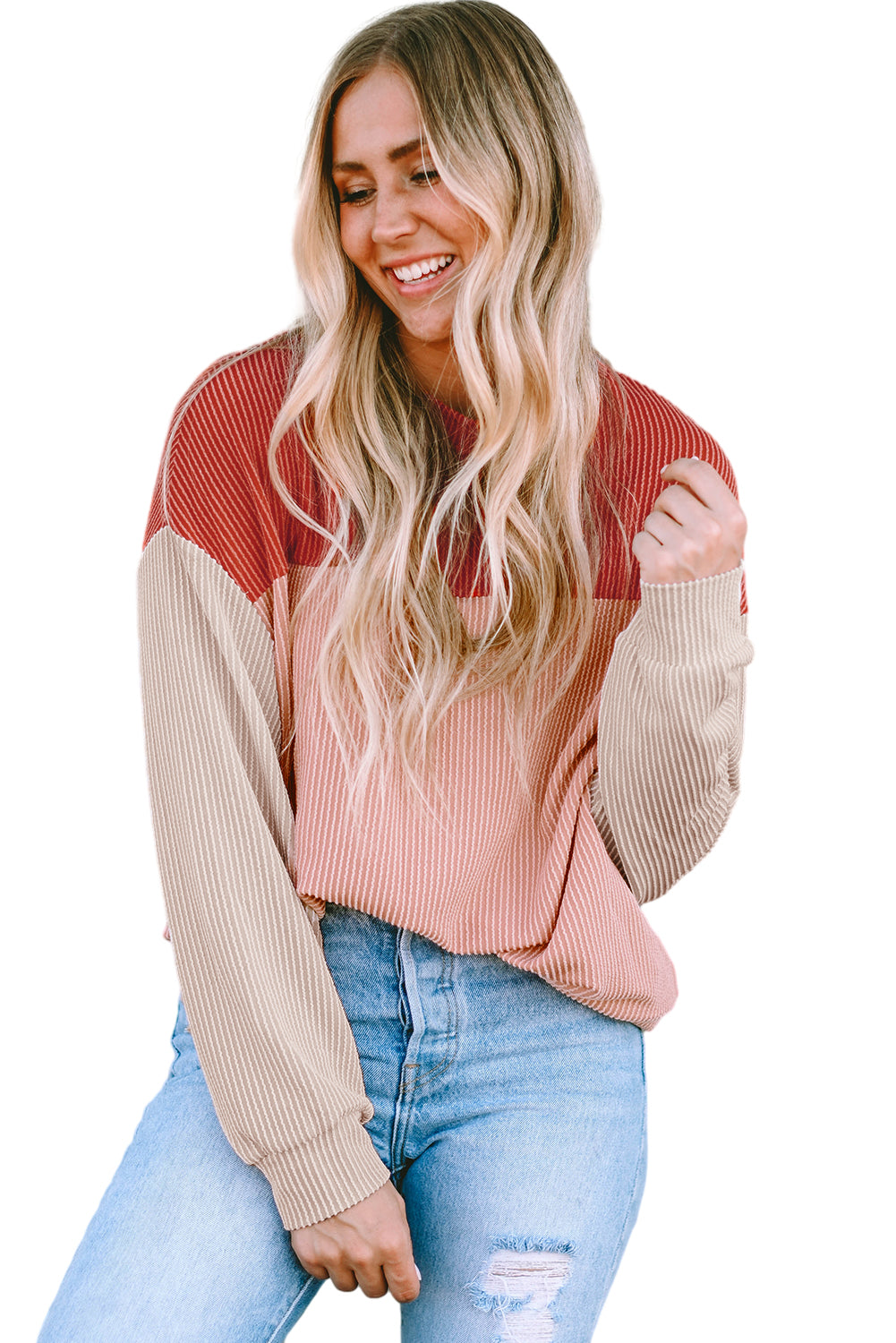 Red Long Sleeve Ribbed Loose Top