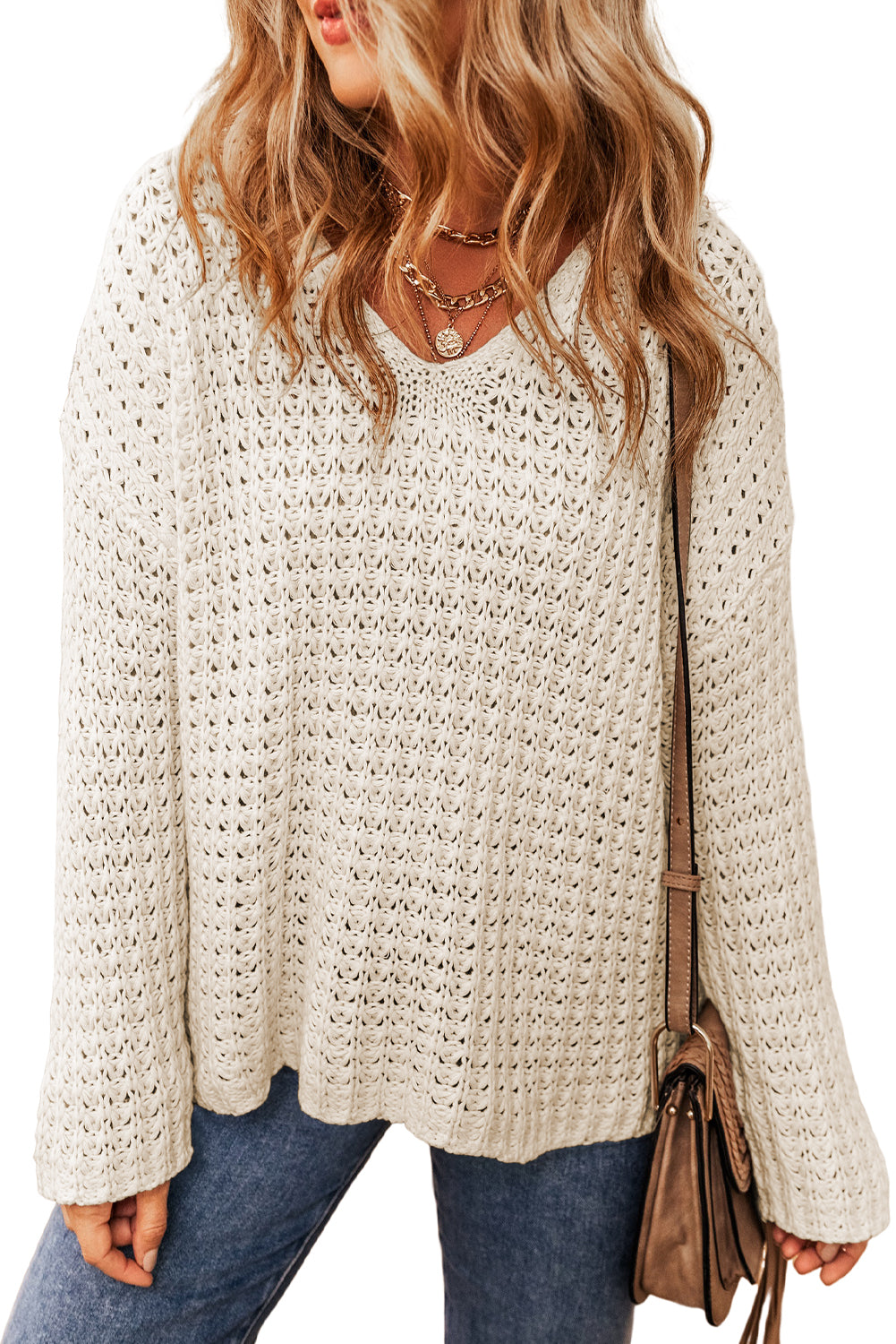 White Crochet V-Neck Sweater