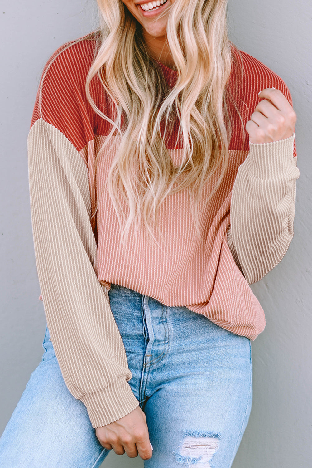 Red Long Sleeve Ribbed Loose Top