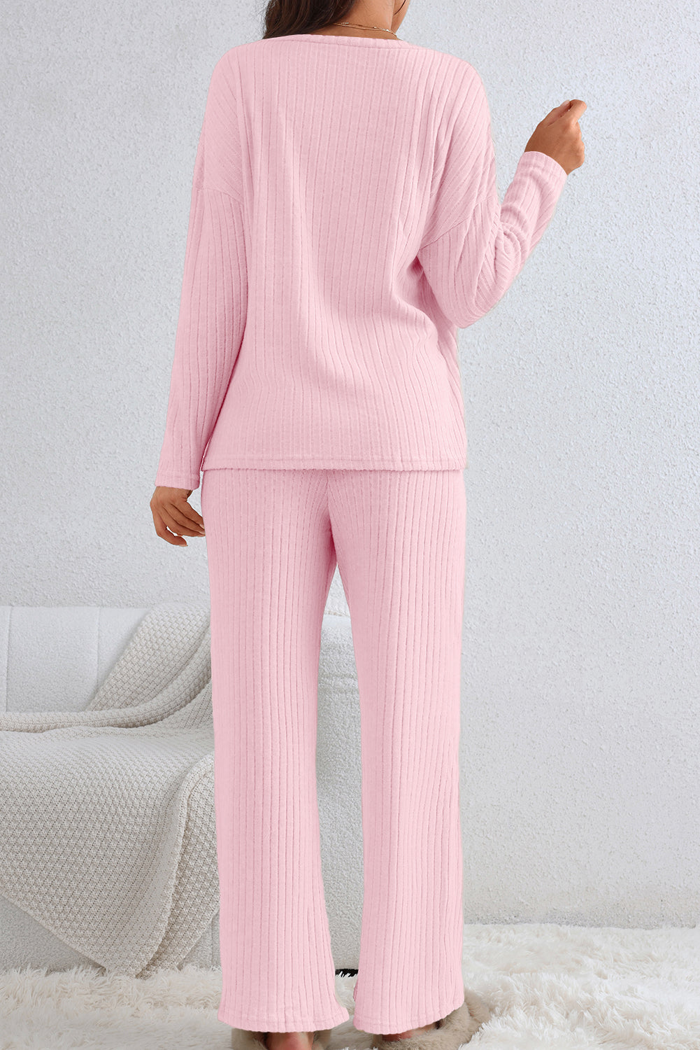 Light Pink Ribbed V Neck Two-piece Outfit