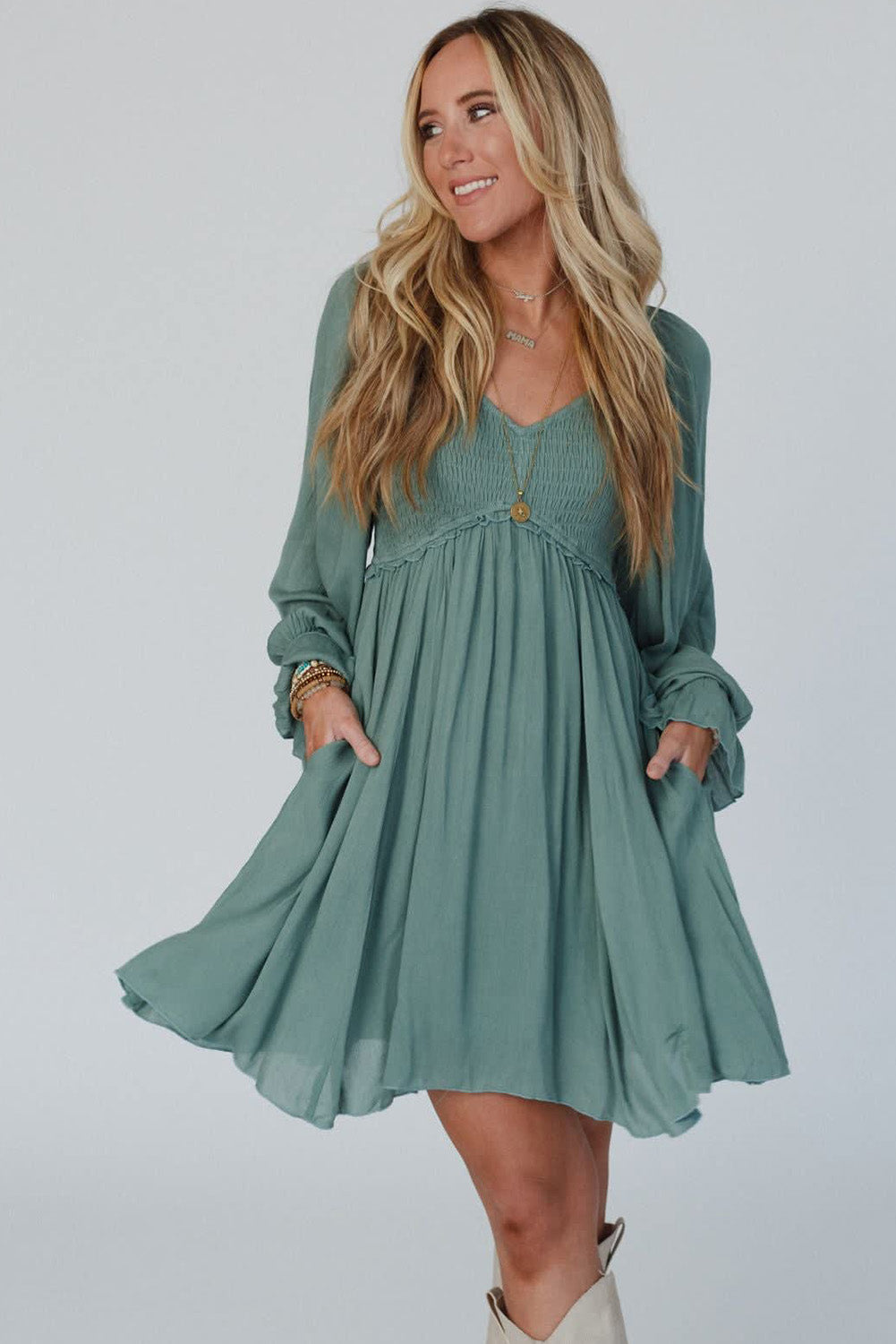 Green Smocked Ruffled Bubble Sleeve Short Dress