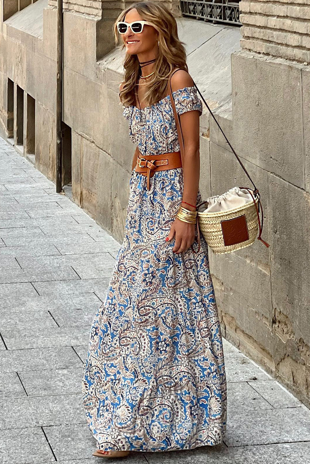 Blue Boho Off Shoulder Maxi Dress