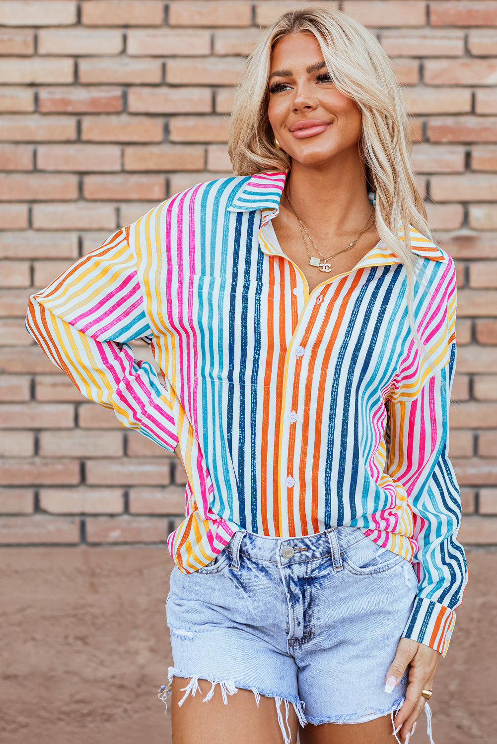 Rainbow Striped Drop Shoulder Loose Long Sleeve