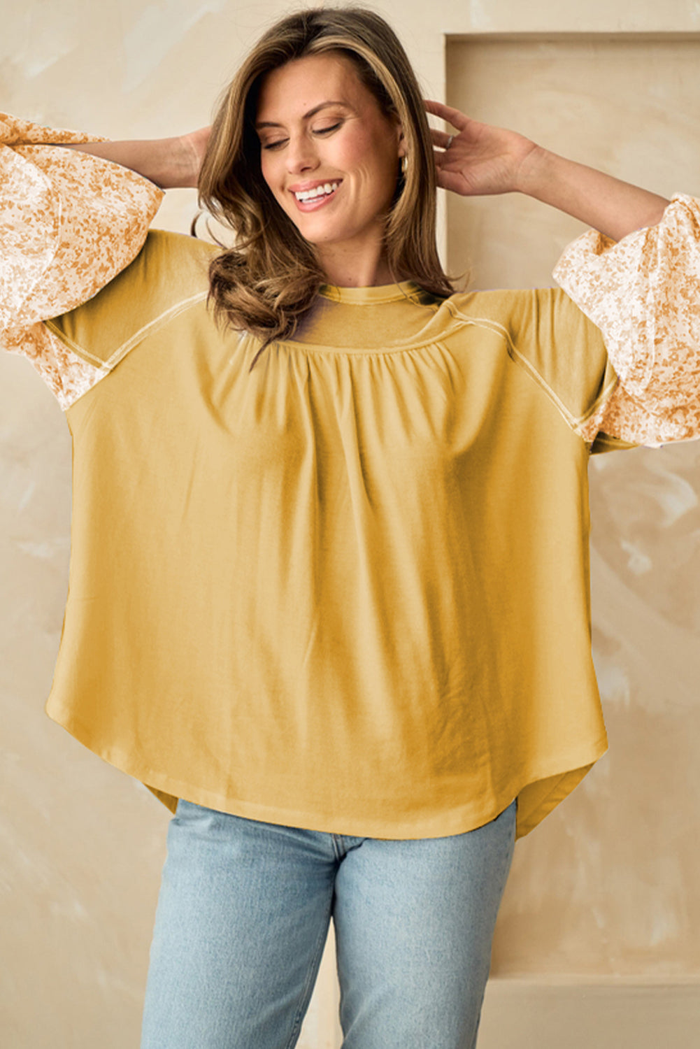 Loose Yellow Beige Floral Blouse