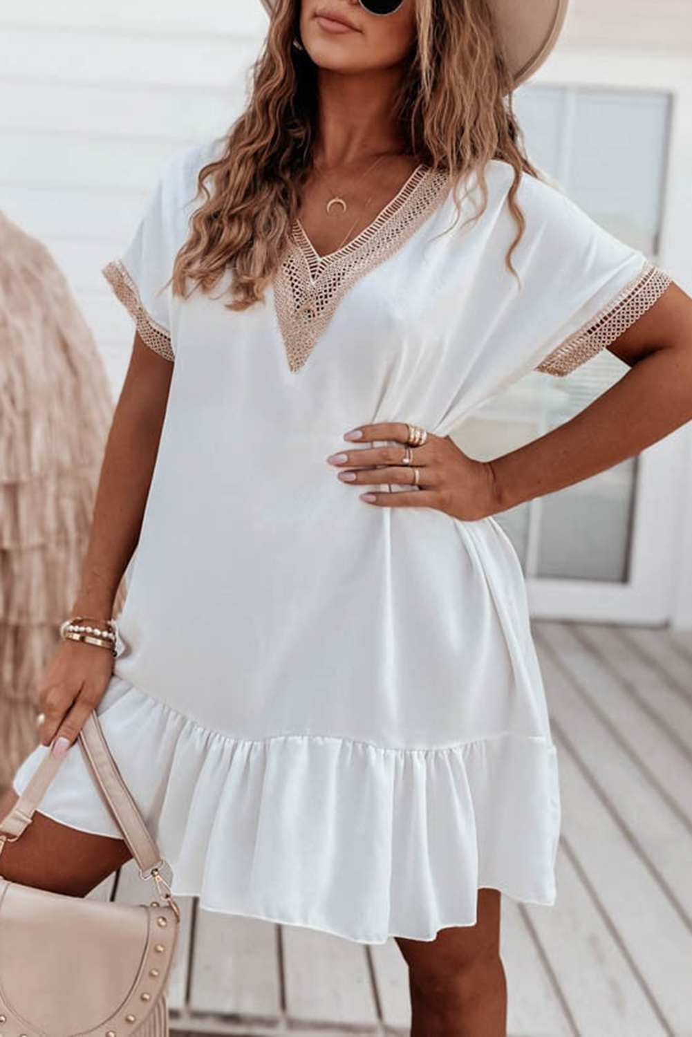 White Lace Trim Short Sleeve Ruffled Mini Dress